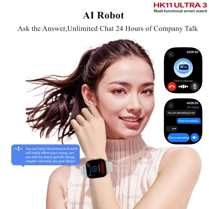 Ivanony montre intelligente HK11 ULTRA 3 2.02 pouces écran Amoled Bluetooth partage de réseau AI Robot hors ligne réveil vocal Smartwatch 2025