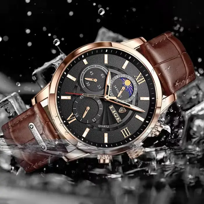 Montre à quartz en cuir marron étanche pour homme