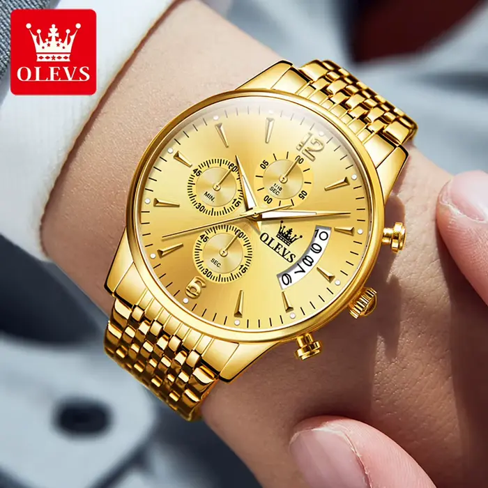 OLEVS marque de luxe montre à Quartz en or pour hommes en acier inoxydable étanche Sport multifonction chronographe