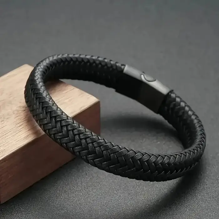 Bracelet magnétique en cuir PU noir pour hommes
