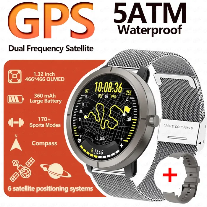Montre connectée GPS 2026 AMOLED 1.32 HD avec appels Bluetooth, étanche 5ATM, 170 modes sportifs, batterie grande capacité 360mAh, bracelet remplaçable