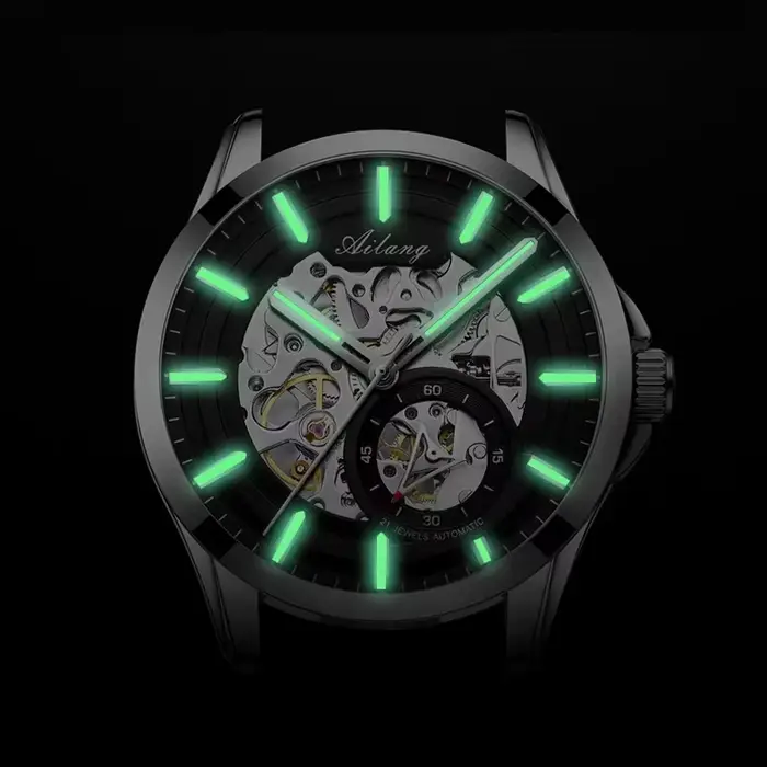 Montre Homme Automatique Mécanique AILANG Haut de Gamme en Acier Inoxydable Lumineuse Luxe Affaires Squelette Transparent