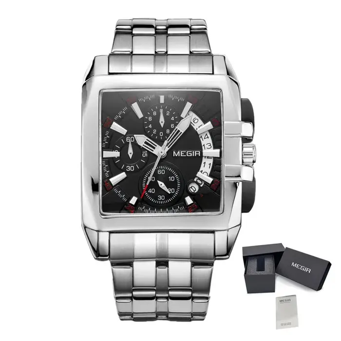 MEGIR Original luxe hommes montre en acier inoxydable hommes montres à Quartz affaires grand cadran