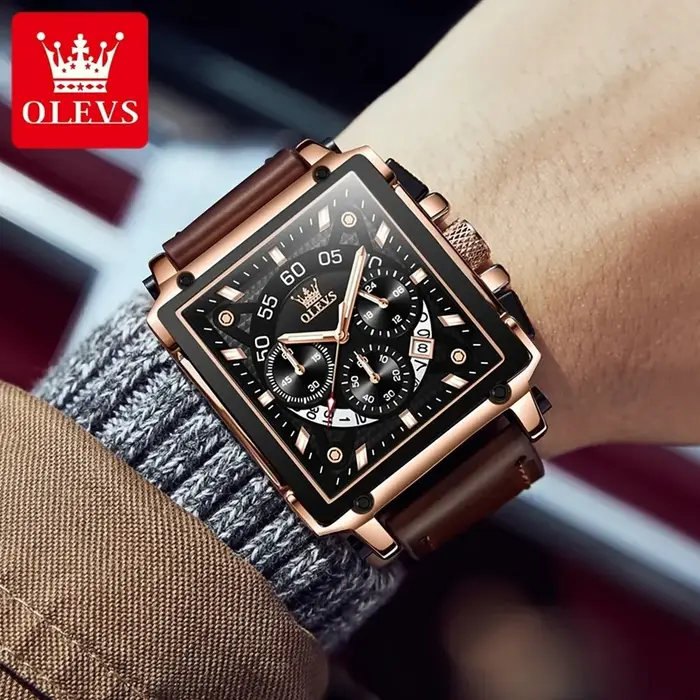 OLEVS 9919 hommes montre mode cadran carré bracelet en cuir chronographe étanche sport horloge de luxe Original Quartz montre-bracelet homme