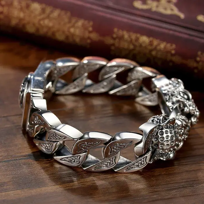 Bracelet tressé en argent prêle léopard pour hommes et femmes