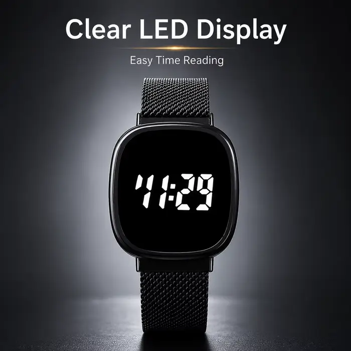 Montre à bracelet en maille métallique avec affichage numérique LED, montre-bracelet électronique carrée arrondie unisexe.