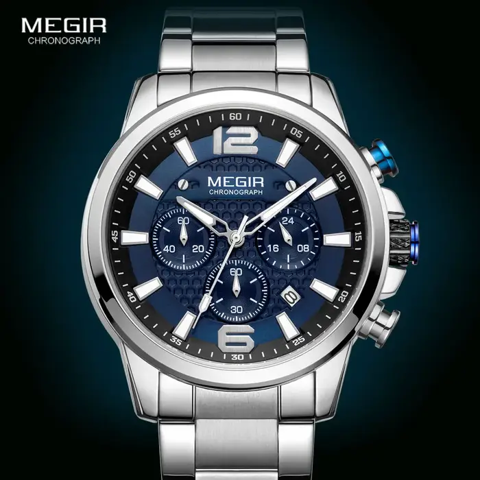 MEGIR 2020 montres de luxe hommes Top marque en acier inoxydable étanche montre-bracelet lumineuse bleu sport chronographe montre à Quartz homme