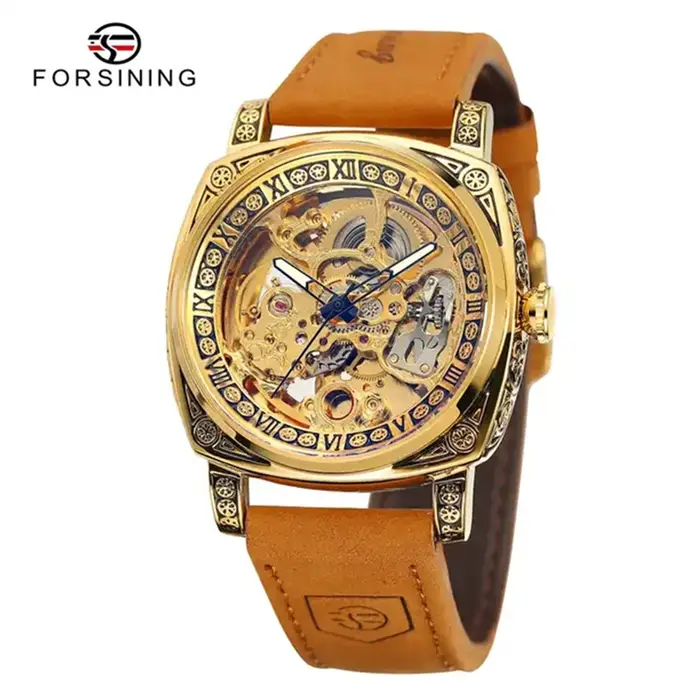 Montre Forsining 403A pour homme, squelette, automatique, mécanique, de luxe, 2023, argent, or, cuir