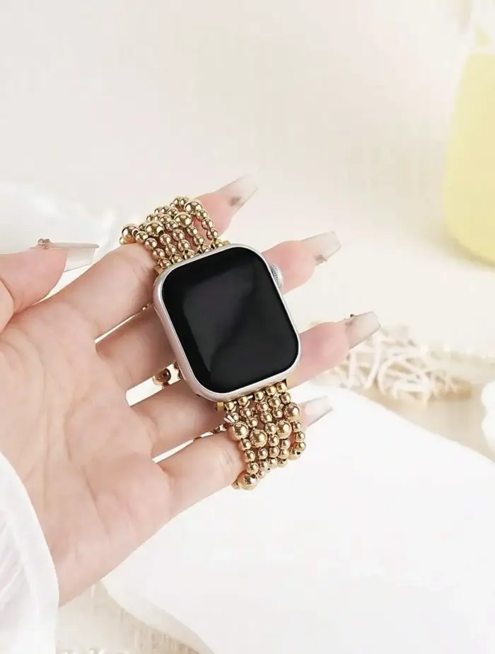Bracelet de luxe doré à maillons perlés pour Apple Watch