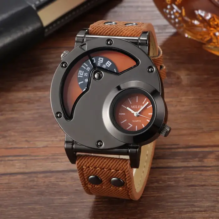 Montres de sport bleues pour hommes, 2 fuseaux horaires, toile bleue, bracelet en cuir, montres-brac