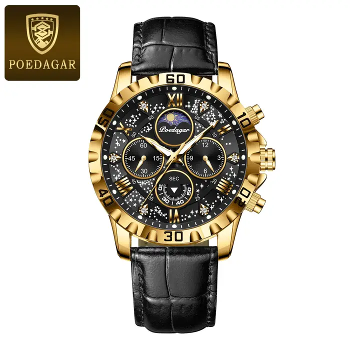 POEDAGAR luxe mode homme montre étanche lumineux chronographe montres en cuir pour hommes sport en plein air