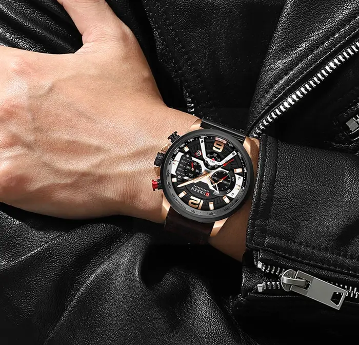 Istro REN-Montre de sport chronographe en cuir bleu pour homme
