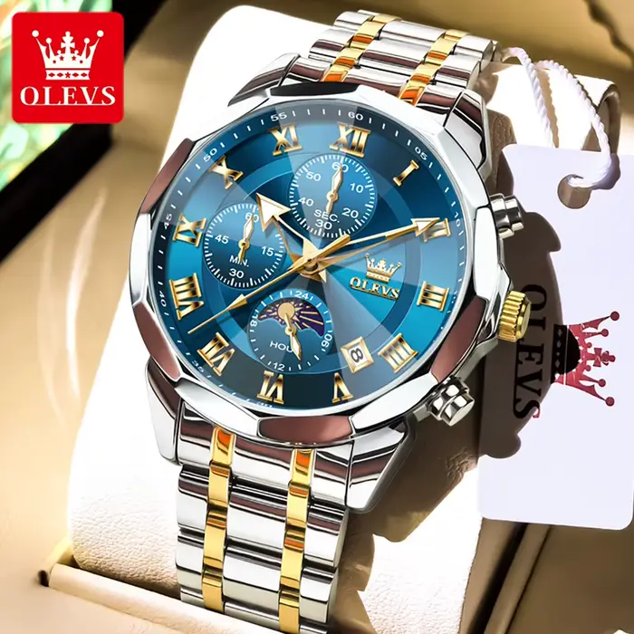 OLEVS-Montre à Quartz Multifonctionnelle pour Homme, Chronographe Étanche, Phase de Lune, Cadeaux Or