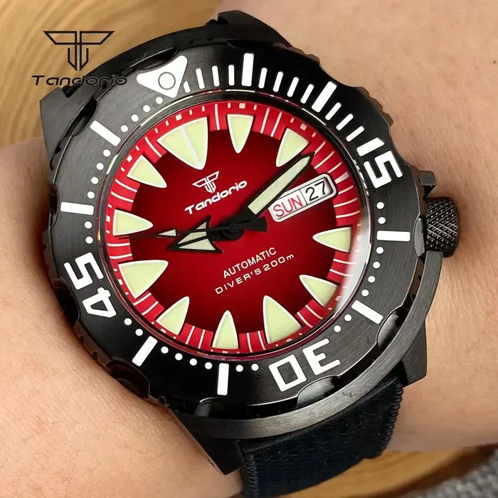 Tandorio-Montre existent pour Homme, Montre-Bracelet Mécanique, NH36, Monster 20Bar, Sweat-Shirt Noir, Double Date, Saphir Clip, 42mm