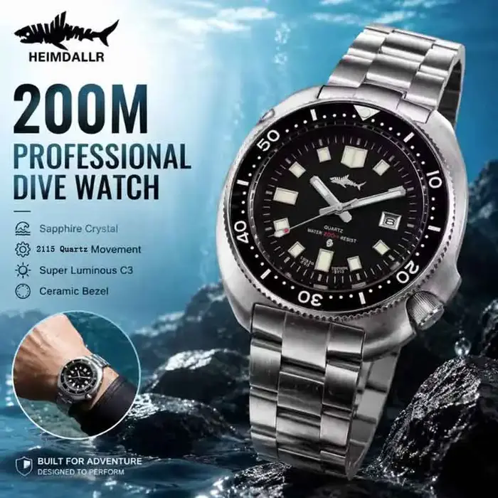 Montre de plongée rétro pour homme HEIMDALLR, bracelet en acier/caoutchouc, étanche 20 bars, lunette en céramique luminescente C3, verre saphir, mouvement à quartz 2115.
