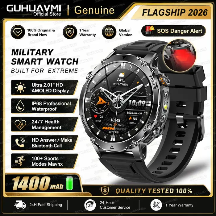 Nouvelle Montre Connectée Militaire 2026 avec GPS Intégré, Batterie 1400 mAh, Sportive, Écran AMOLED
