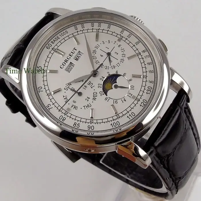 42mm Corgeut montre automatique pour hommes montres mécaniques jour Date mois année calendrier multi-fonction 316L jour-nuit bracelet en cuir