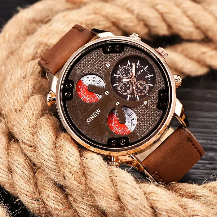 Original XINEW marque hommes montres noir garçons mode bracelet en cuir cadeaux Montre à Quartz Relogio Masculino
