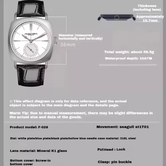 Hruodland 2025 montre mécanique pour hommes mouette St1701 36mm carré verre minéral acier inoxydable étanche 10Bar Reloj Hombre
