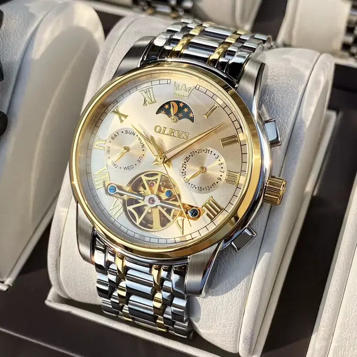 OLEVS hommes montre automatique mécanique montre Stianless haut marque de luxe phase de lune squelet