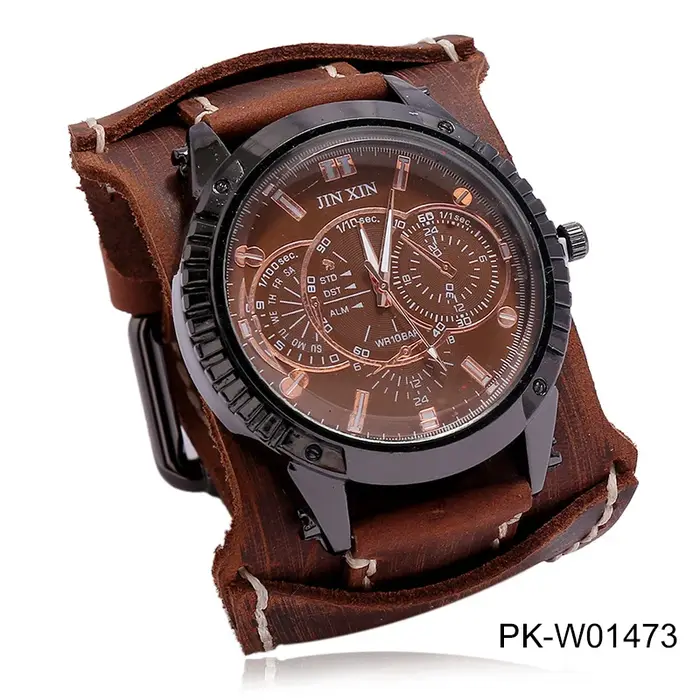 Montre punk vintage en cuir de vachette pour hommes et femmes