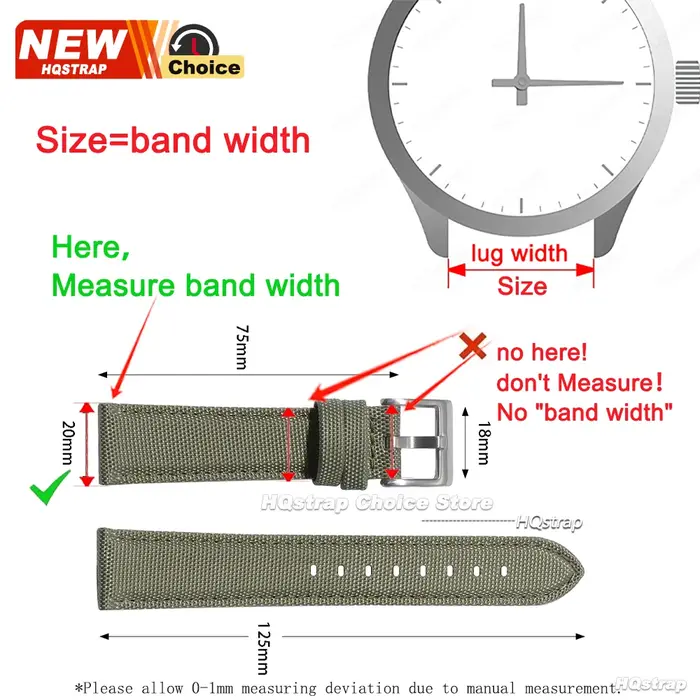 Bracelet de montre en toile noire 20mm 22mm