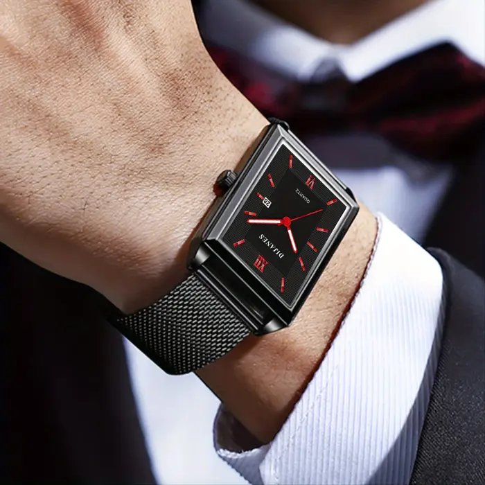 Montre-bracelet à quartz rectangulaire en acier inoxydable pour hommes