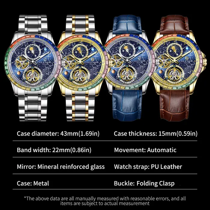 GLENAW 2025 Nouvelle Montre Mécanique Homme Design Cercle Arc-en-ciel Cadran Constellation Lumineux Étanche