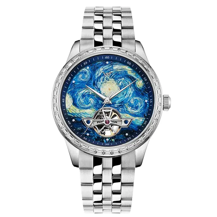 WM Watch Montre mécanique squelette étanche avec cristal saphir et boîtier en acier inoxydable