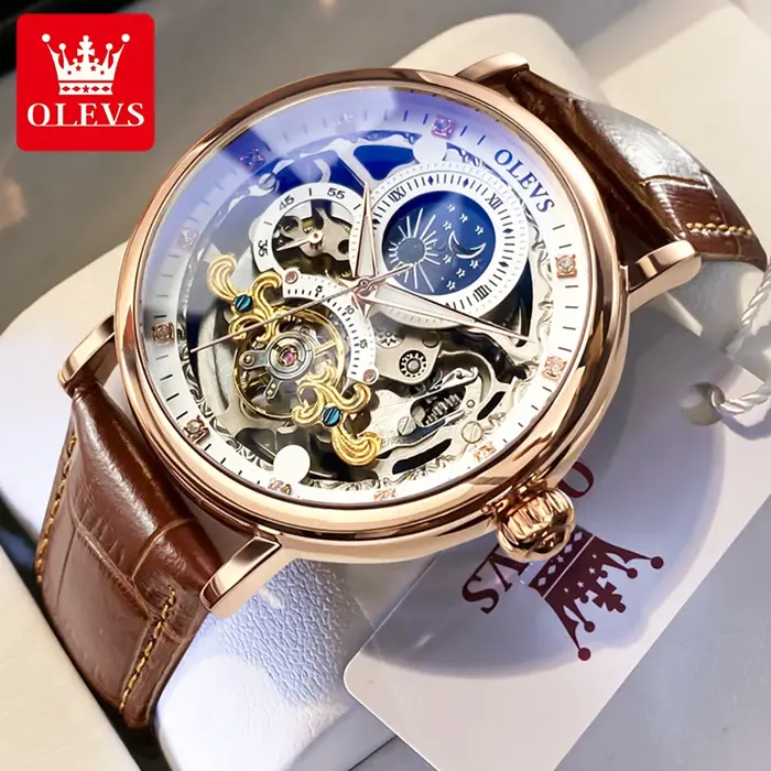 OLEVS Phase de lune montre mécanique hommes avec étanche automatique squelette