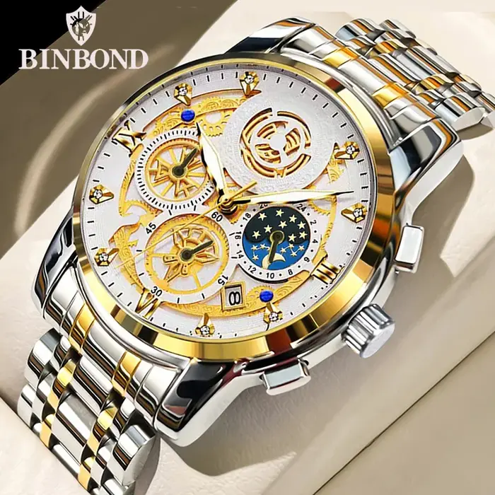 BINBOND luxe Quartz pour hommes montre bracelet en acier inoxydable cadran