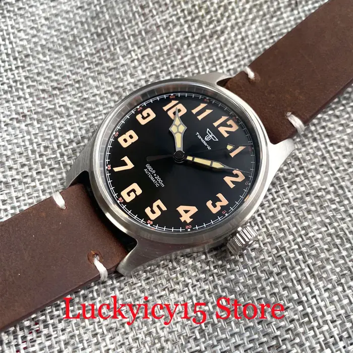 Montre automatique Tandorio 39MM, mouvement japonais NH35/PT5000, bracelet en cuir, saphir, luminescence verte, cadran noir vintage