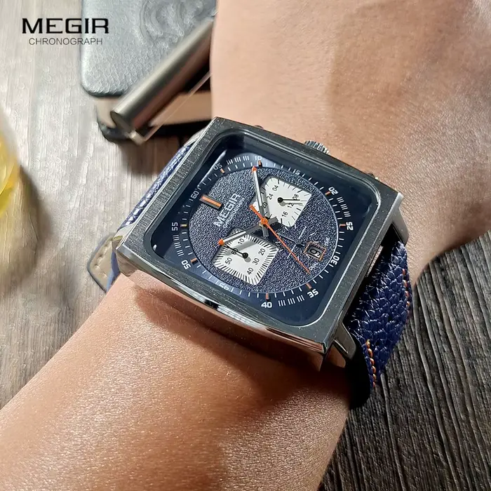Montre MEGIR à cadran carré bleu pour homme