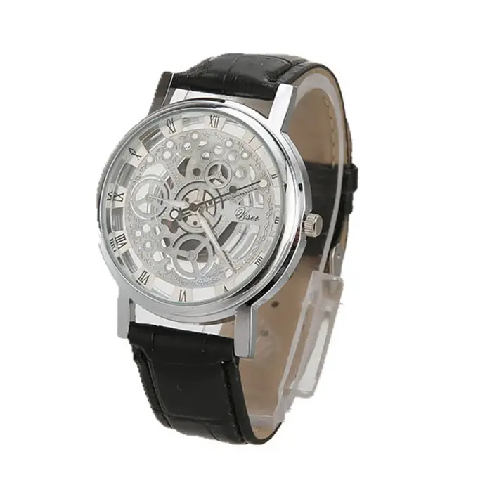 Mode squelette hommes montres Quartz Bracelet en cuir