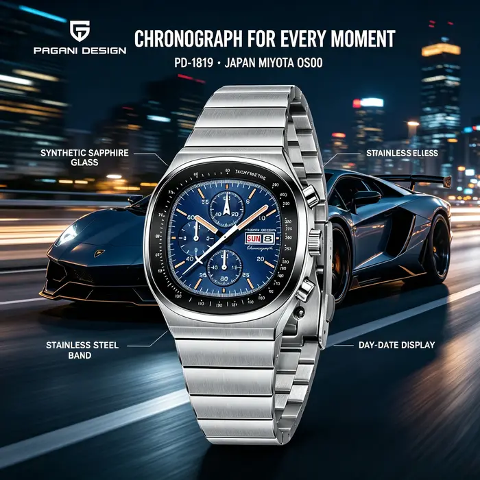 Montre chronographe carrée PAGANI DESIGN PD1819 pour homme, mouvement japonais Miyota OS000, verre saphir, étanche, montre sport.