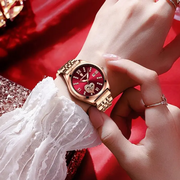 Romantique vin rouge Montre en acier inoxydable conception lumineuse dames horloge décontracté femmes Montre-bracelet