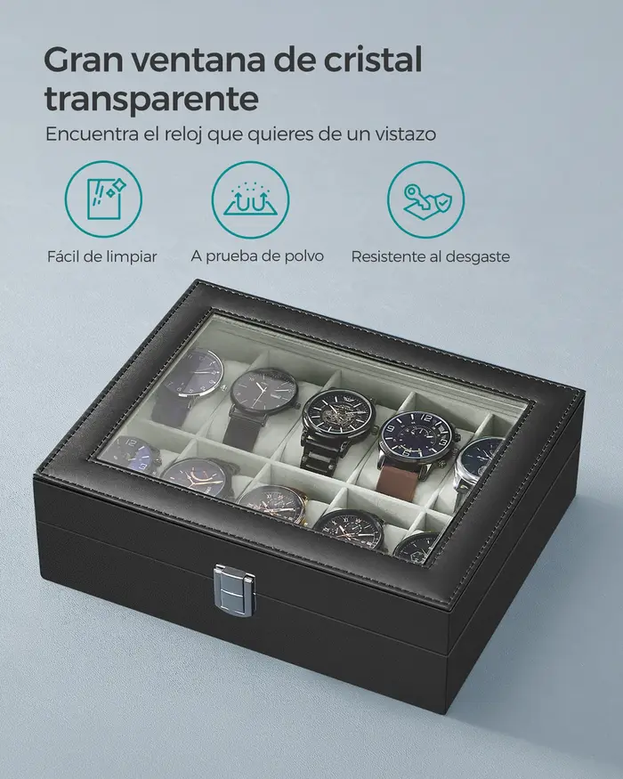 Boîte de présentation de montres à 10 compartiments avec couvercle en verre transparent