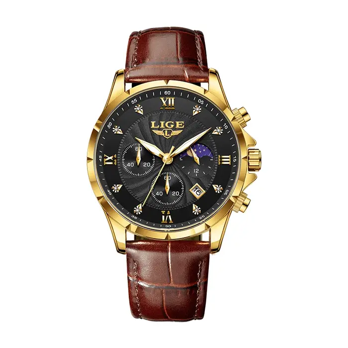 LIGE montre pour hommes de luxe affaires lumineux étanche montres en cuir Phase de lune semaine Date