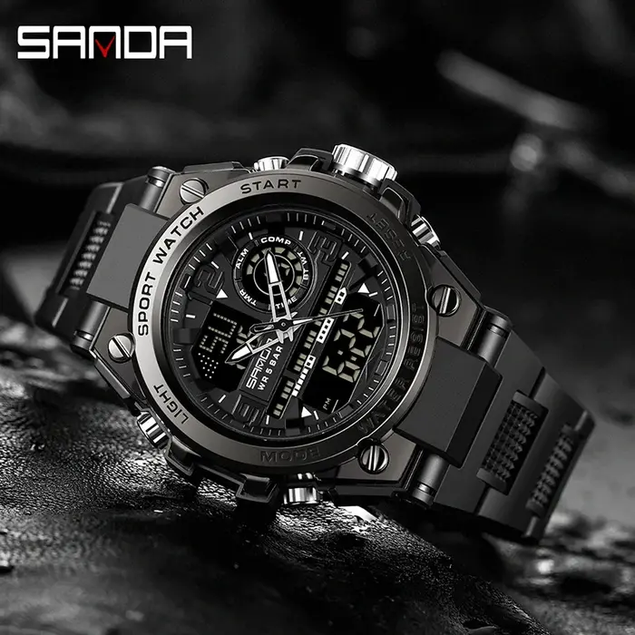 SANDA hommes sport montres à Quartz double affichage LED électronique numérique