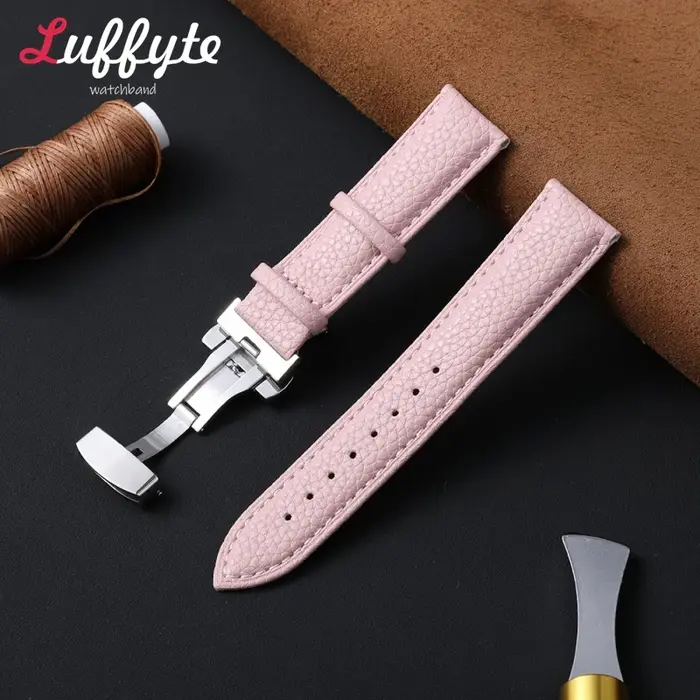 Bracelet de montre en cuir motif litchi, style professionnel, 18mm 20mm 22mm, boucle papillon, noir,