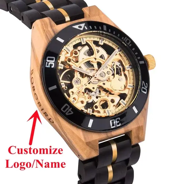 BOBO BIRD Montre mécanique en bois pour hommes Montre-bracelet automatique de luxe Aiguilles lumineuses Chronographe Logo personnalisé Personnaliser Grande boîte-cadeau Support de bijoux élégant en gr