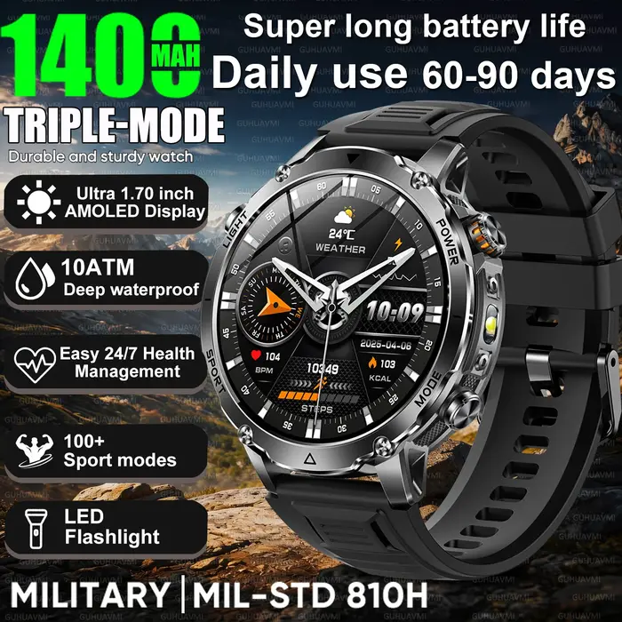 Montre connectée de sport avec batterie 1400mAh, lampe de poche 1.7 pouces, enregistrement des exerc