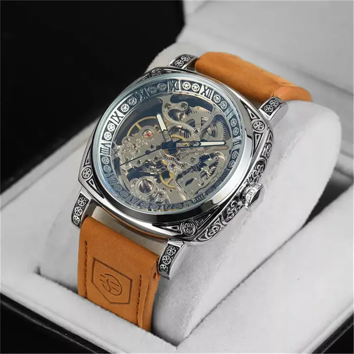 Montre Forsining 403A pour homme, squelette, automatique, mécanique, de luxe, 2023, argent, or, cuir, Relogio masculino
