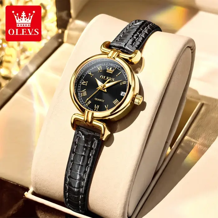 Montre OLEVS 5645 de luxe pour femme, mode, étanche, date, bracelet en cuir noir, montre à quartz po