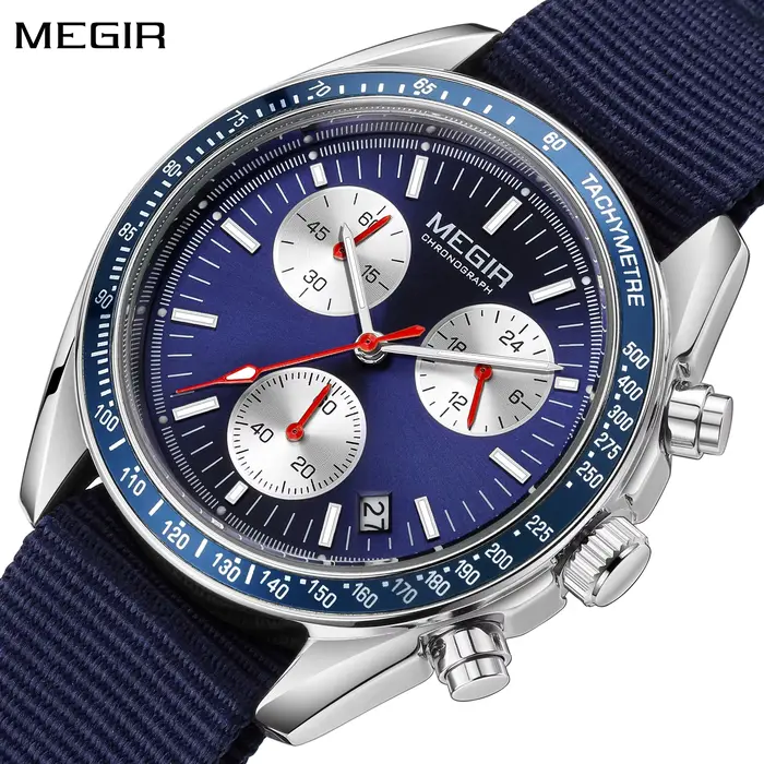 MEGIR montres à Quartz de luxe pour hommes bracelet en toile bleue Sport loisirs chronographe lumineux étanche mâle montre-bracelet horloge 2247
