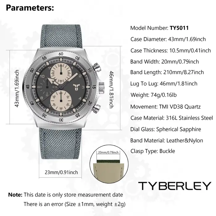 2026, nouvelle collection de montres pour hommes : montre à quartz étanche TYBERLEY pour hommes, double fuseau horaire, verre saphir, bracelet en acier inoxydable et en nylon.