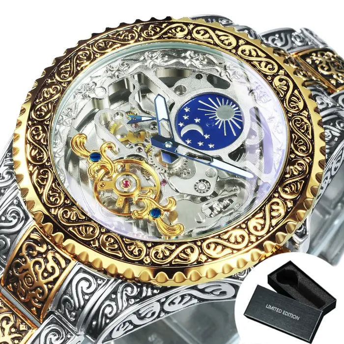 Montres mécaniques squelette en or de luxe Forsining, phase lunaire, gravure rétro, tourbillon lumin