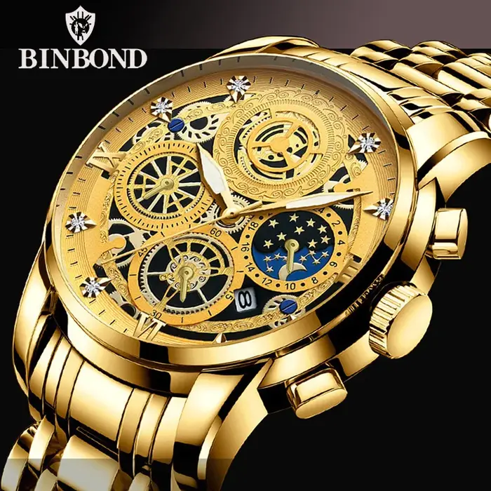 BINBOND B4010 mode Quartz pour hommes montre bracelet en acier inoxydable cadran de luxe lumineux 30M étanche