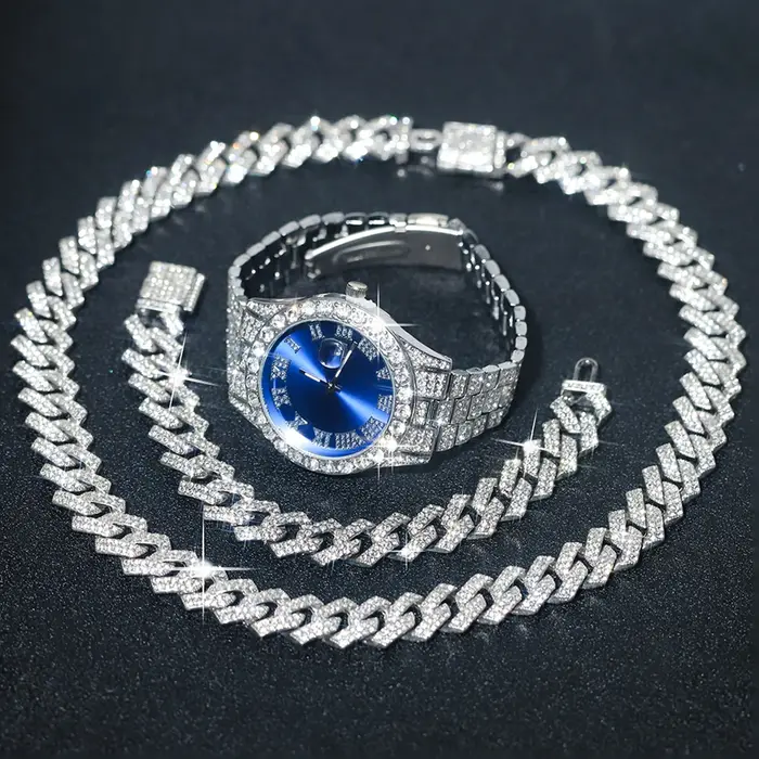 Ensemble de montres en argent pour hommes, 3 pièces, Hip-hop Punk incrusté de diamants + chaîne cuba