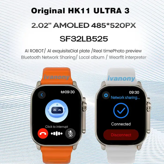 Ivanony montre intelligente HK11 ULTRA 3 2.02 pouces écran Amoled Bluetooth partage de réseau AI Robot hors ligne réveil vocal Smartwatch 2025